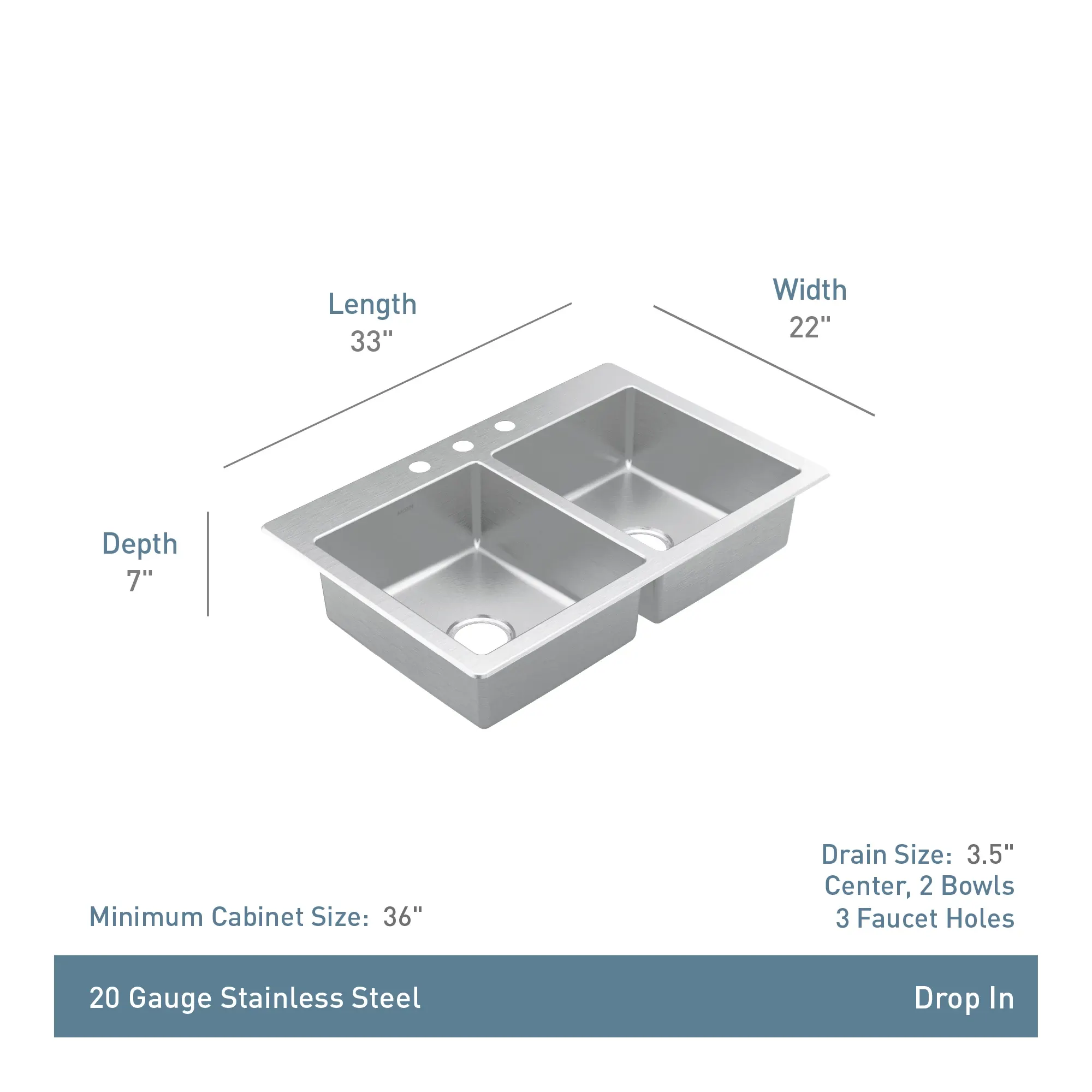 Prep 33" Stainless Steel  Drop-in Double Bowl Sink - Image 5