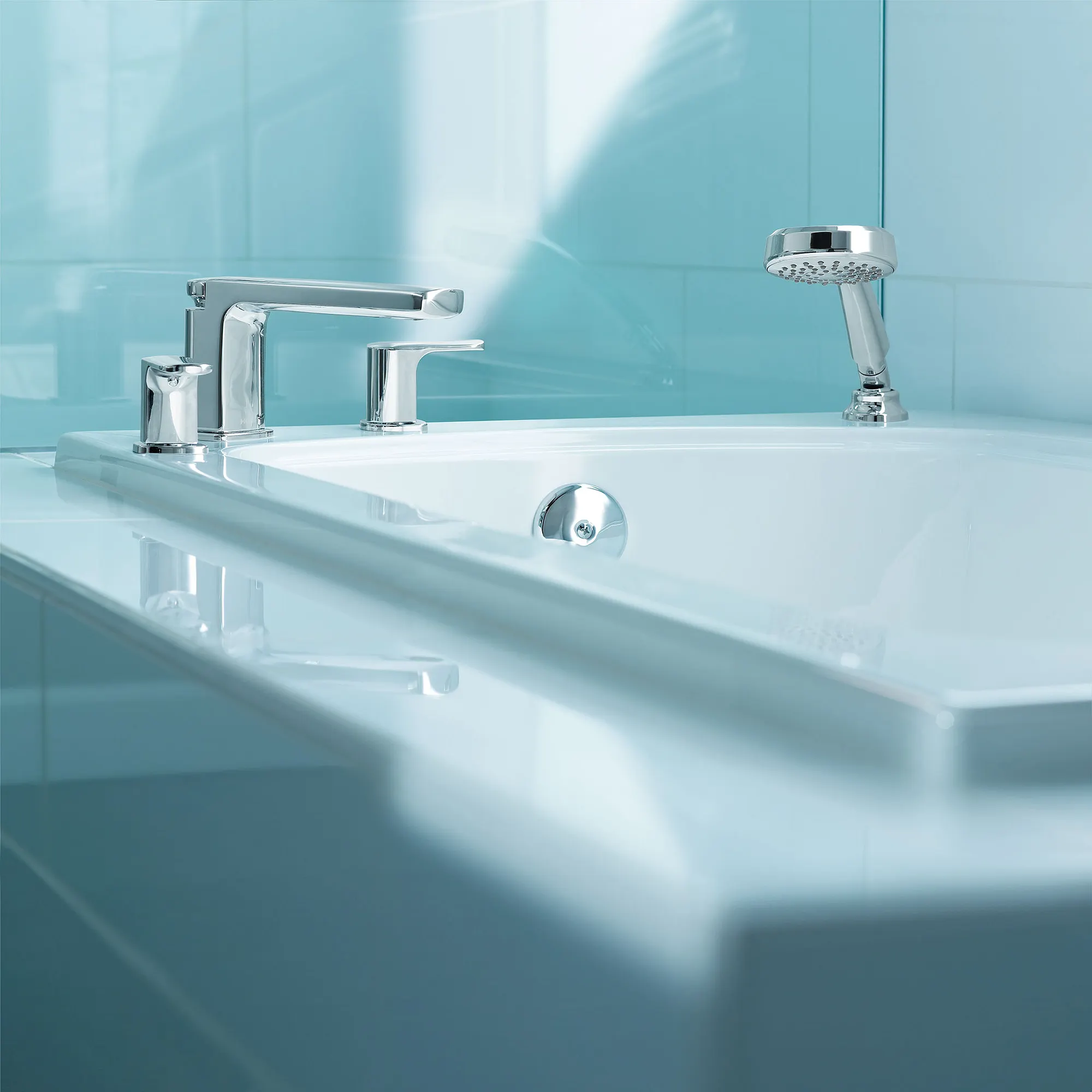 Rizon Chrome Two-Handle Low Arc Roman Tub Faucet including Handheld Shower - Image 2