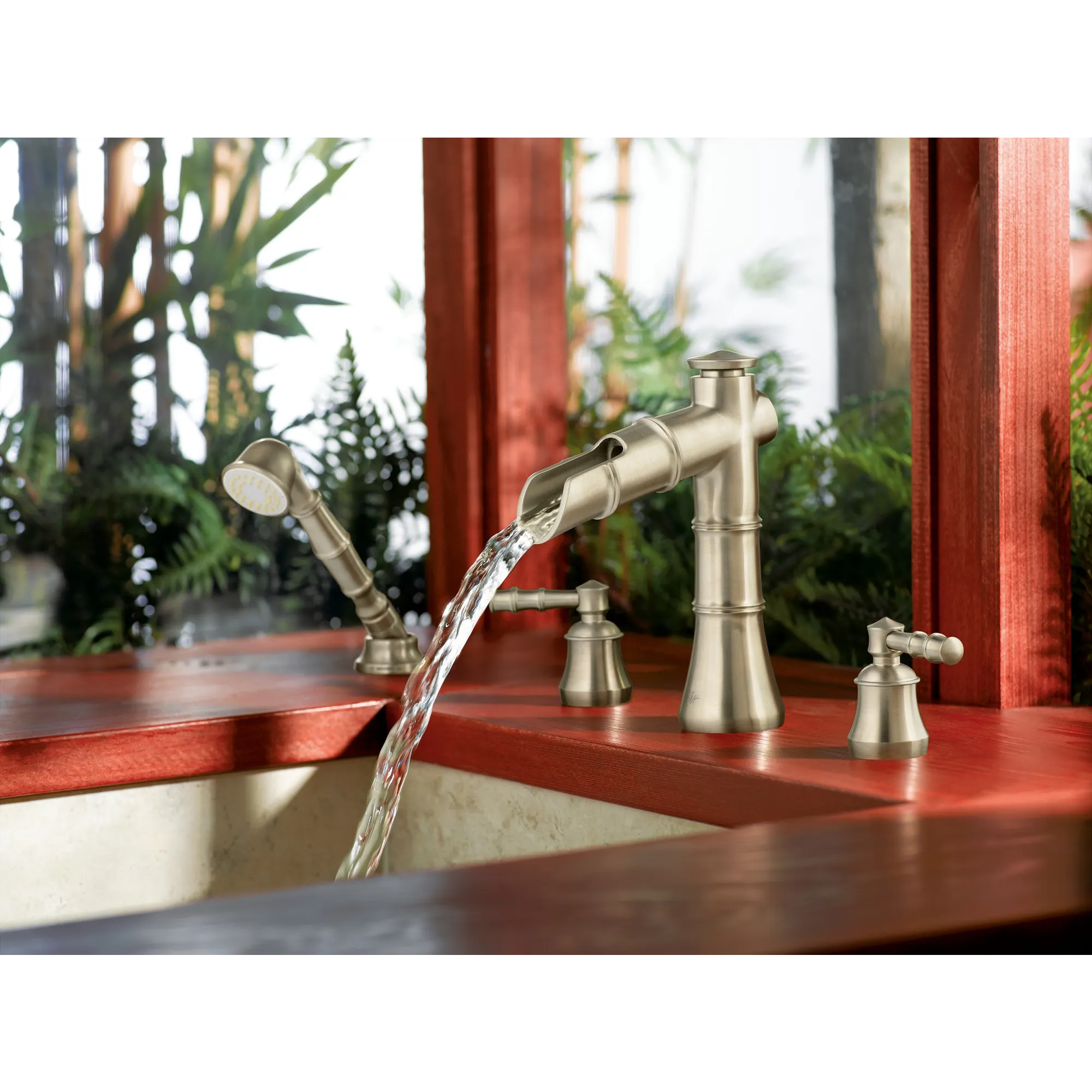 Bamboo Brushed nickel two-handle open waterway roman tub faucet includes hand shower - Image 3